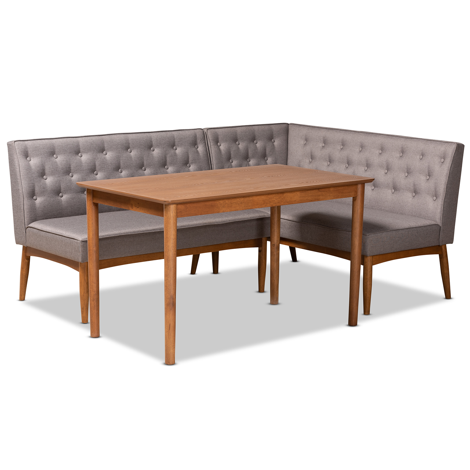Baxton Studio Riordan Mid-Century Modern Grey Fabric Upholstered and Walnut Brown Finished Wood 3-Piece Dining Nook Set